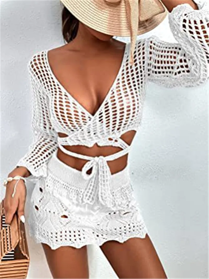 

2023 Long Sleeve Cropped Tops Bikini Bottom Skirts Women Knitted Cover Up Mini Dress Beach Bathing Suit Women Swimsuit Beachwear