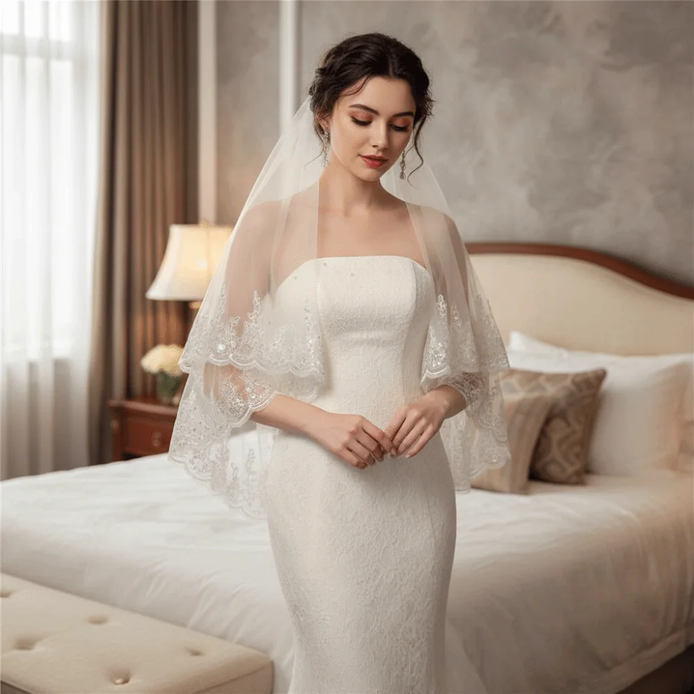 Elegant Luxury Bride Wedding Veils Sequins Glitter Lace Edge Double Layers Bridal Veil with Hair Comb Tulle Veil Bride Hair
