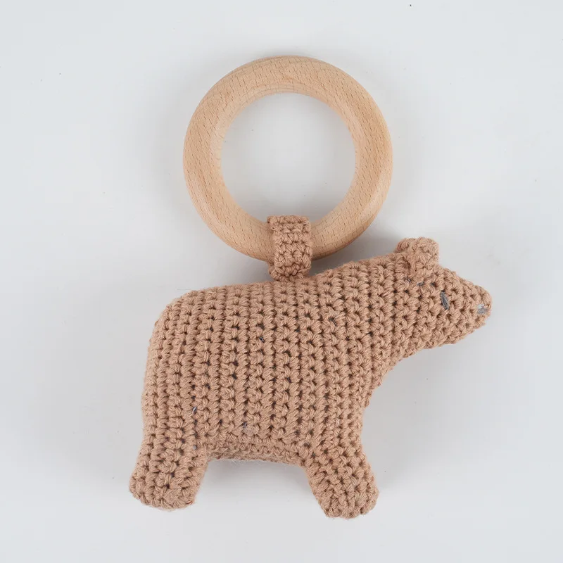 Jiarui Handmade Crochet Baby Rattles Wooden Teething Rings Animal Fruit Soft Soothing Toys For Newborn Infants Baby Shower Gift
