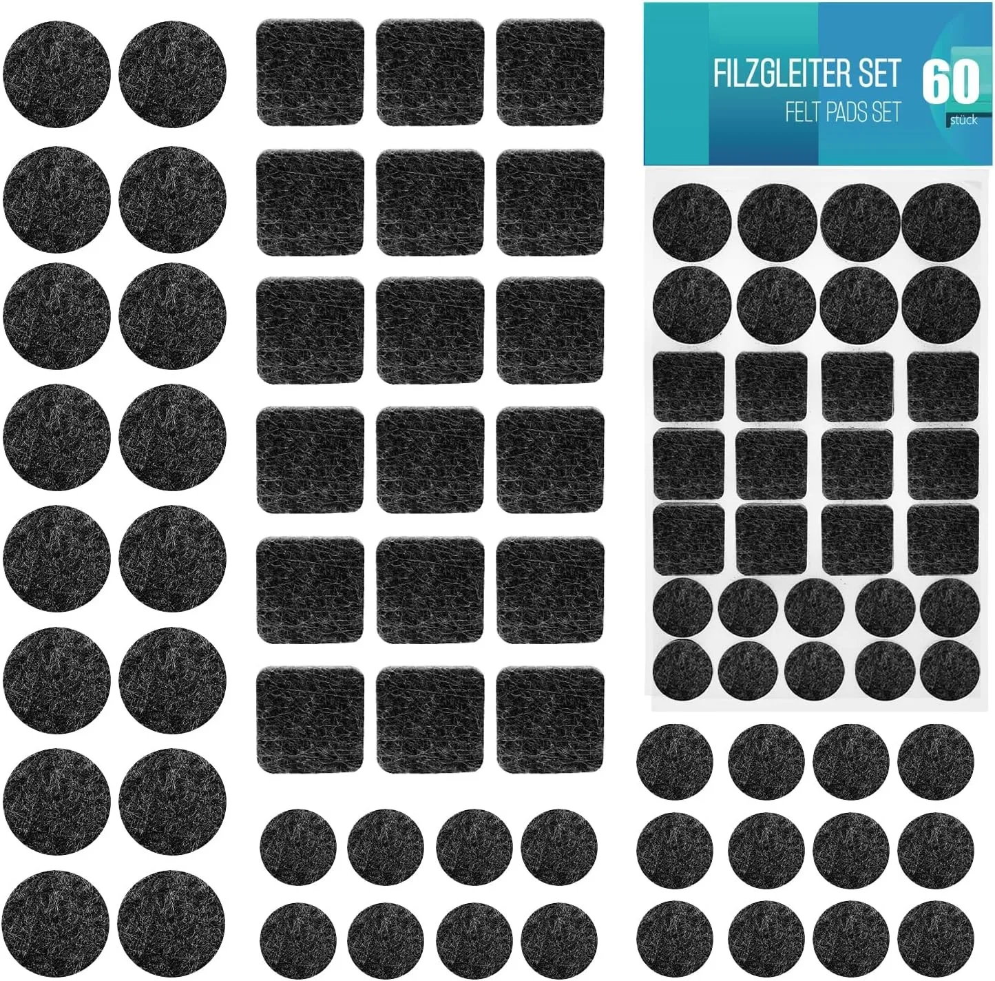 Selbstklebende Filzgleiter – 60er-Pack. Filzgleiter für Stühle – Möbelpolster aus Filz, selbstklebend, schwarz, 3 mm dick