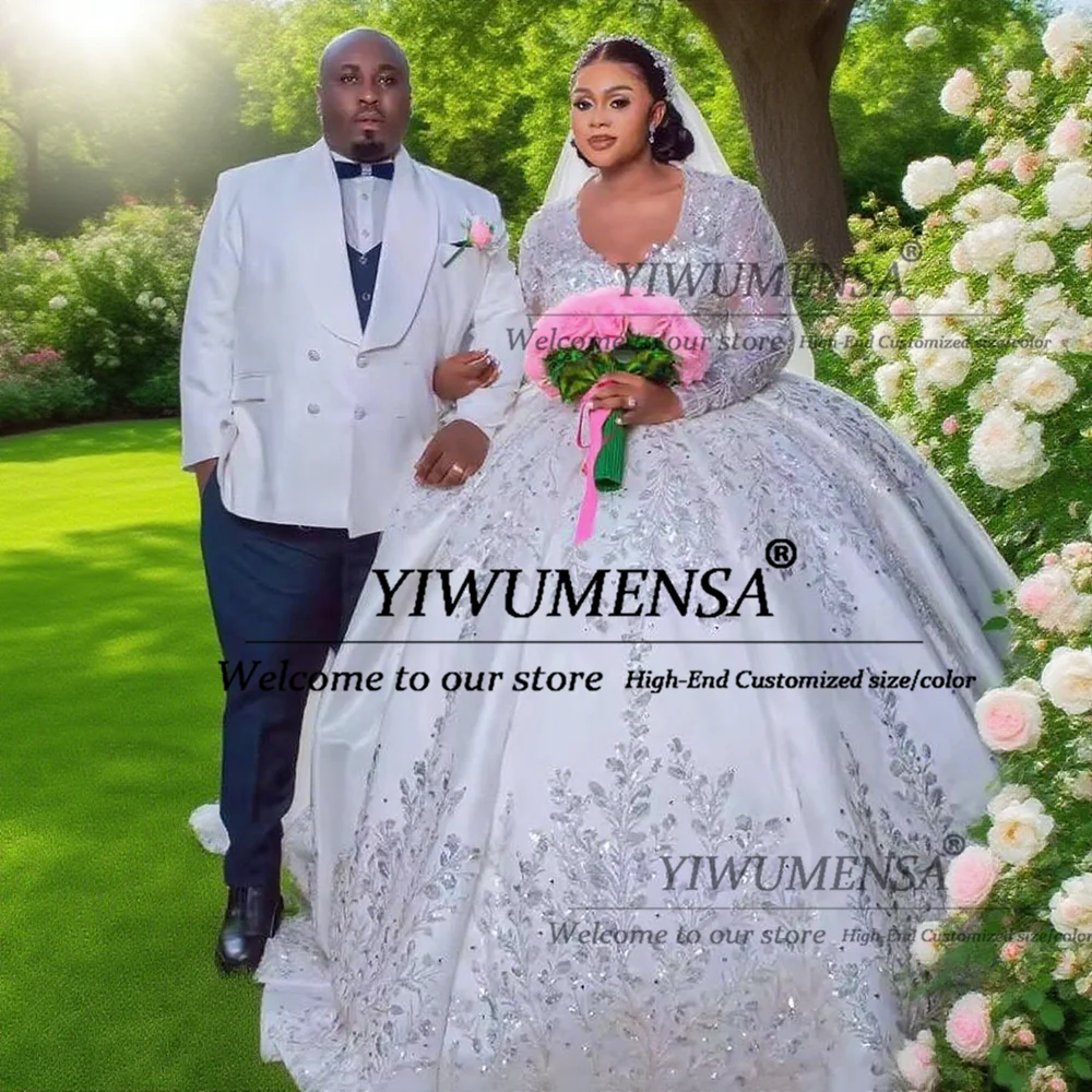 Squisito scollo a V paillettes applicazioni di pizzo abiti da sposa per la sposa maniche lunghe principessa abito da ballo sposa banchetto Vetidos De Novia