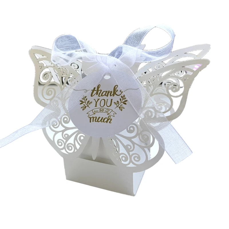 25/50/100 pz Hollow Cut Laser Butterfly Chocolate Candy Box bomboniere scatole di imballaggio regalo con grazie Tag Party Decor