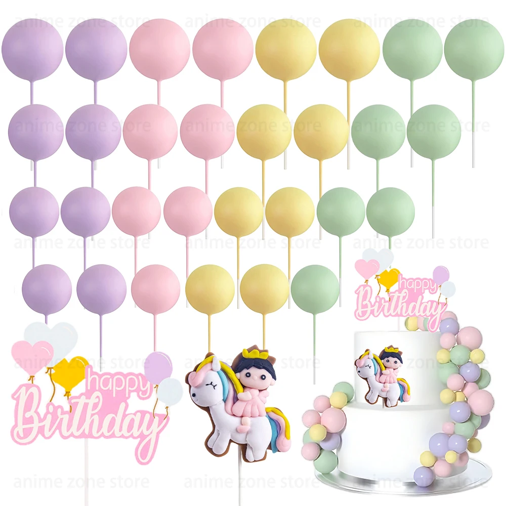 62pcs/set Rainbow Ball Cake Topper Macaroon Foam Balls Girls Birthday Cake DIY Decorat Baby Shower Wedding Cupcake Toppers Flags