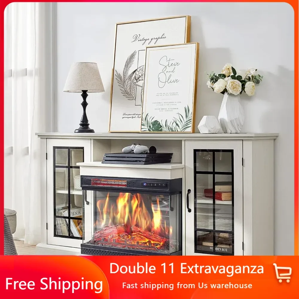 3-sided Glass Fireplace TV Stand, Suitable for TVs Up To 65 Inches, 12 Colors, with Door Closed Storage, Glass Fireplace