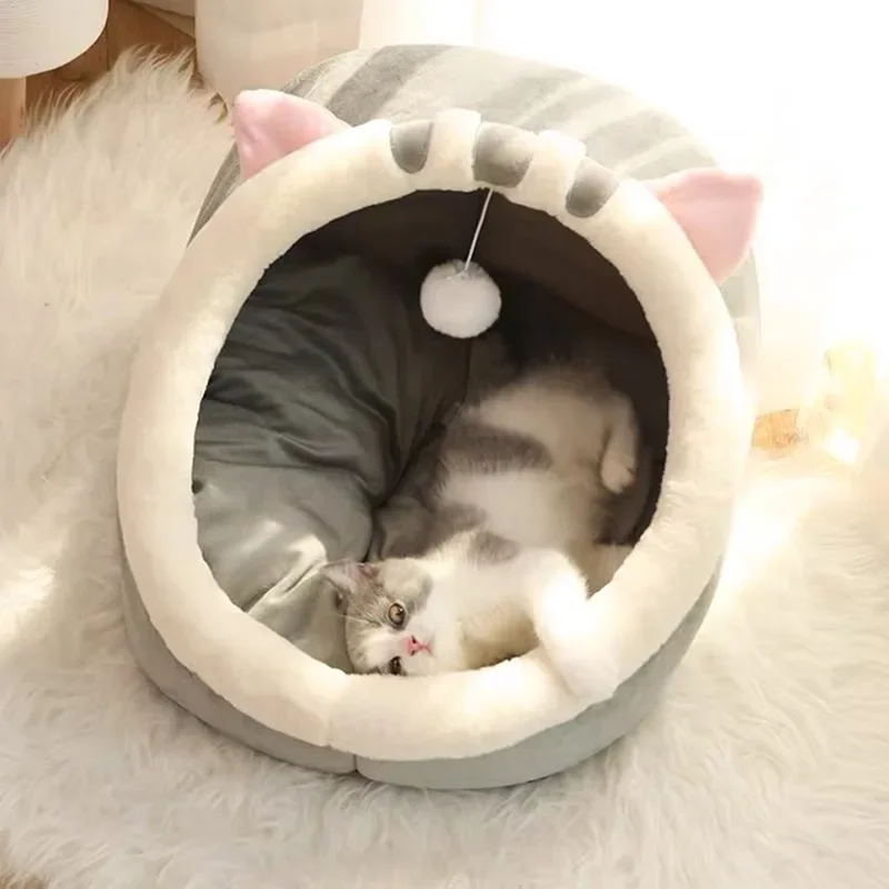 Cute Winter Cat Cave Bed Warm Pet Basket Kitten Kennel Cat House Tent Soft Small Dog Mat Cushion Washable Pillow Beds For Cats