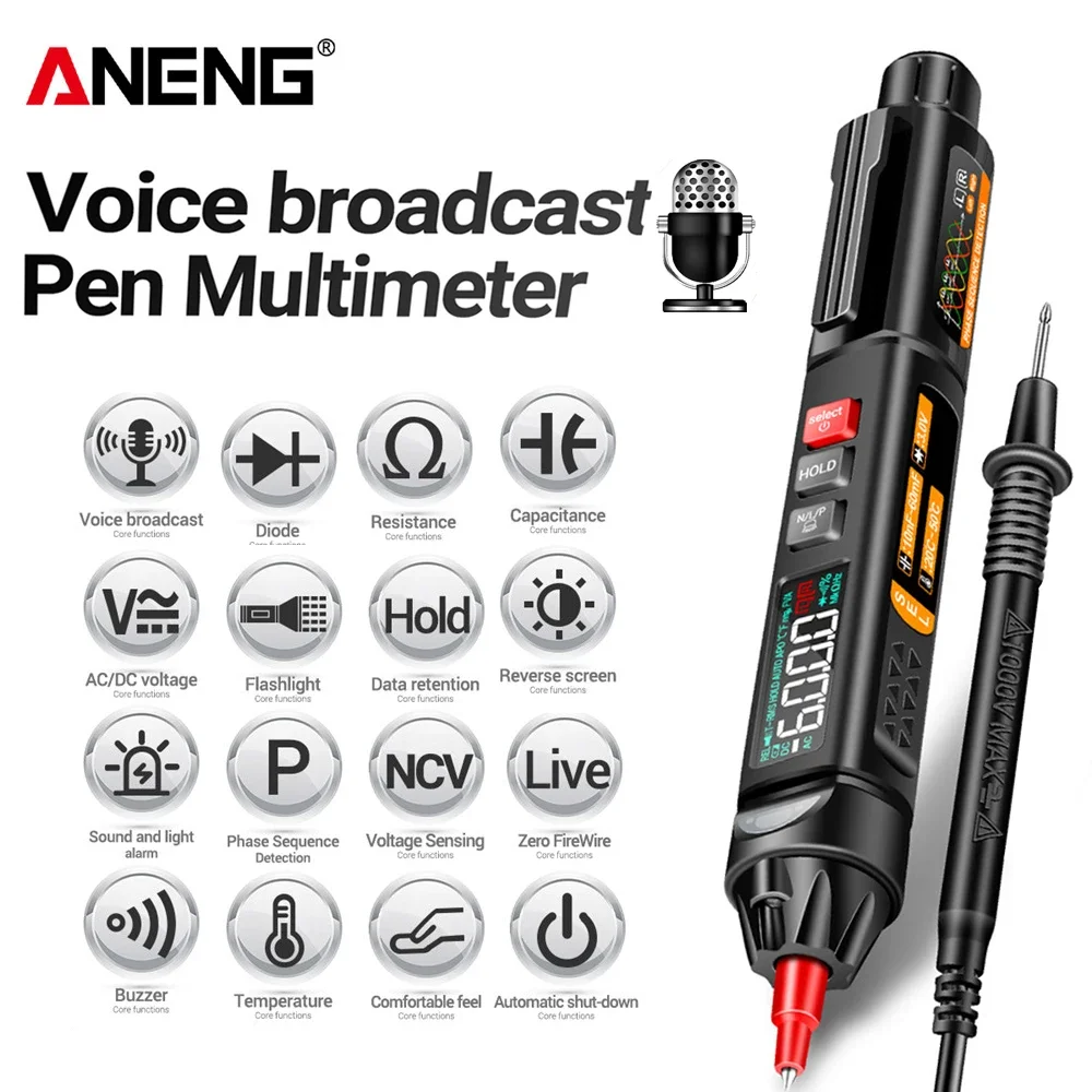 Inteligente Voz Transmissão Multímetro Sensor Pen Tester Tensão Medidor sem Contato Buzzer Digital 6000 Contagens Aneng-a3009