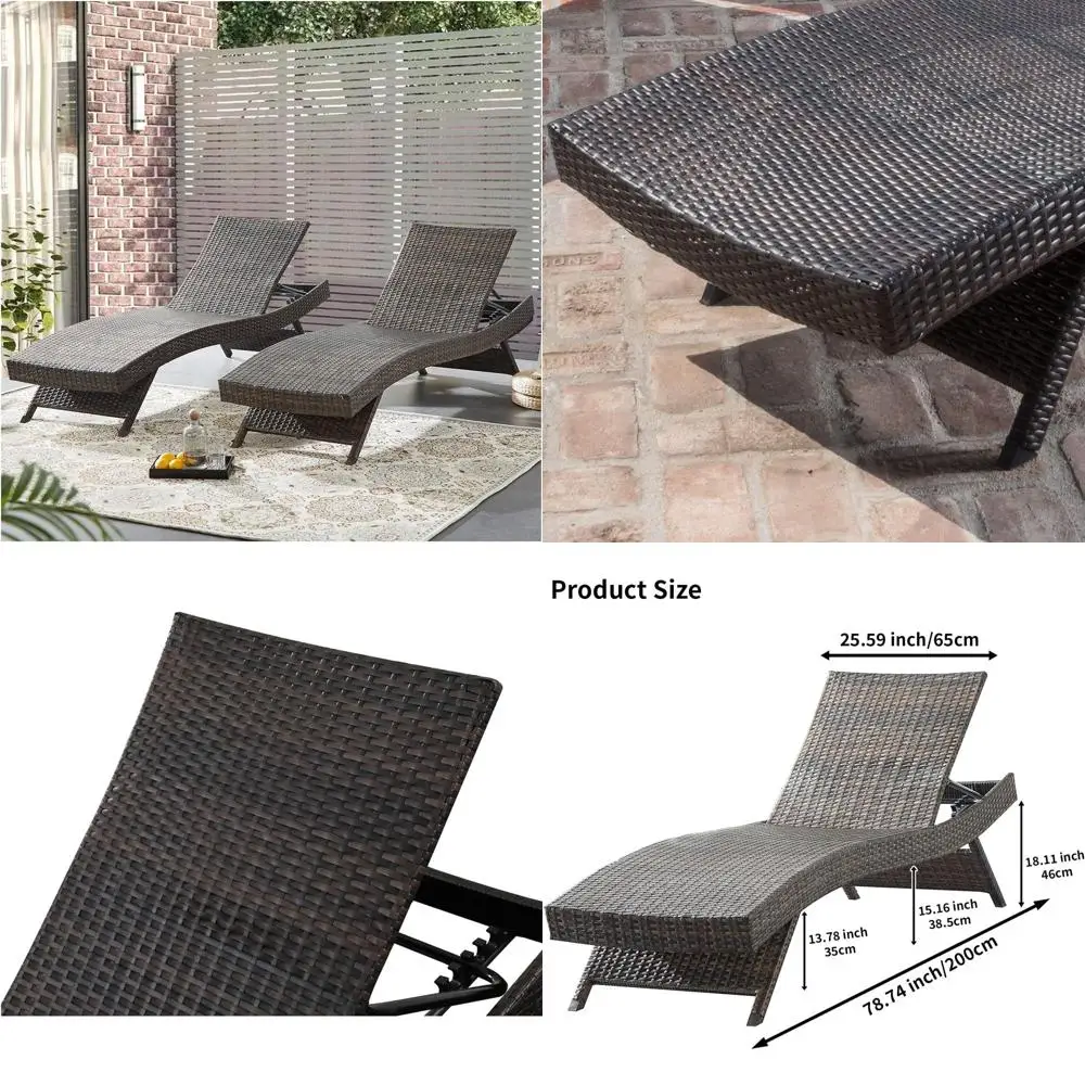 

79'' Long Reclining Chair Set o 2, Chaise Lounge Wicker Reclining Lounge Chair, PE Rattan Chaise Lawn Suthing Chairs Beach Pools