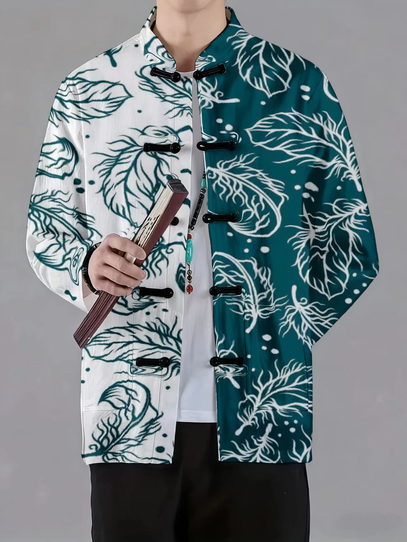 Men Men Mandarin Collar Frog Button Jacket Bamboo Feather Art Print Traditional Outerwear - Aliexpress Deal