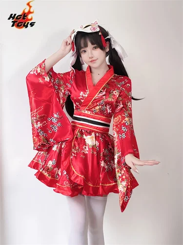 Imagen 2 del producto Batas tipo kimono japonés Yukata para niñas Kawaii, traje Haori con estampado Floral, encantador vestido de Lolita para mujeres, disfraz de sirvienta para Cosplay de Halloween