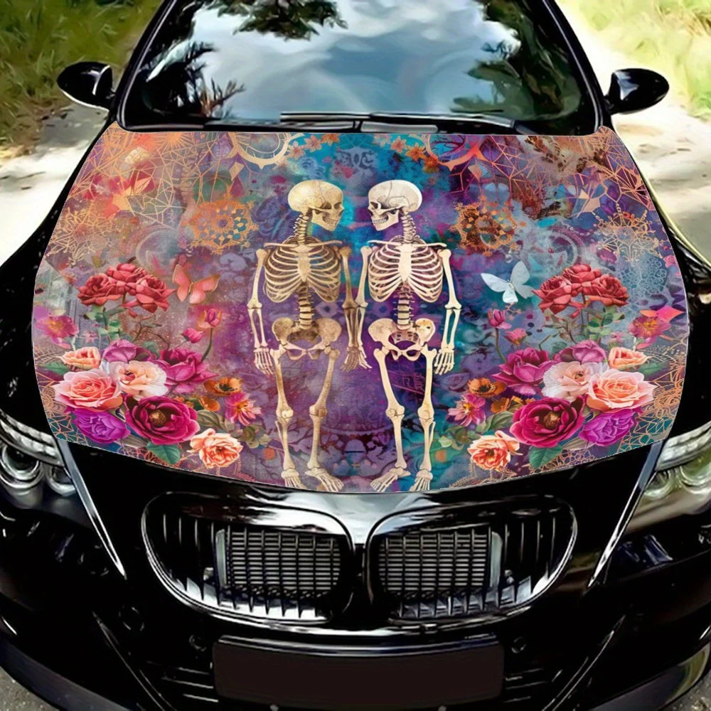 Crânio romântico: gráficos de companheiro floral e borboleta, envoltórios de vinil para carro, gráficos de capô de carro de vinil, temperamento artístico exclusivo para