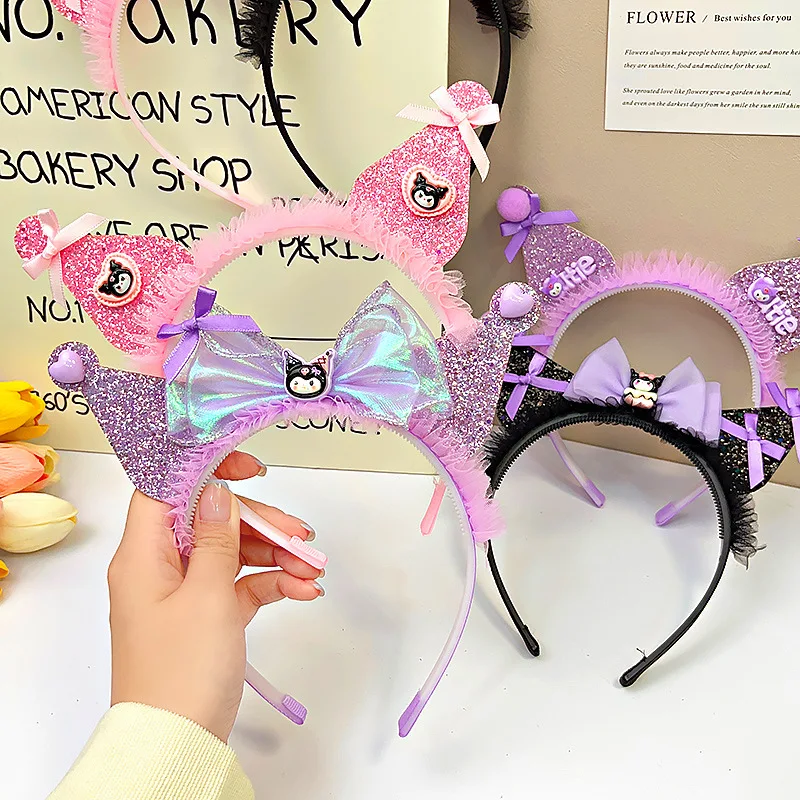 Cute Cartoon Kawaii Sanrioed Kuromi Hair Hoop Children's Headband Sweet and Versatile Three-Dimensional Ear Bow Hair Clip