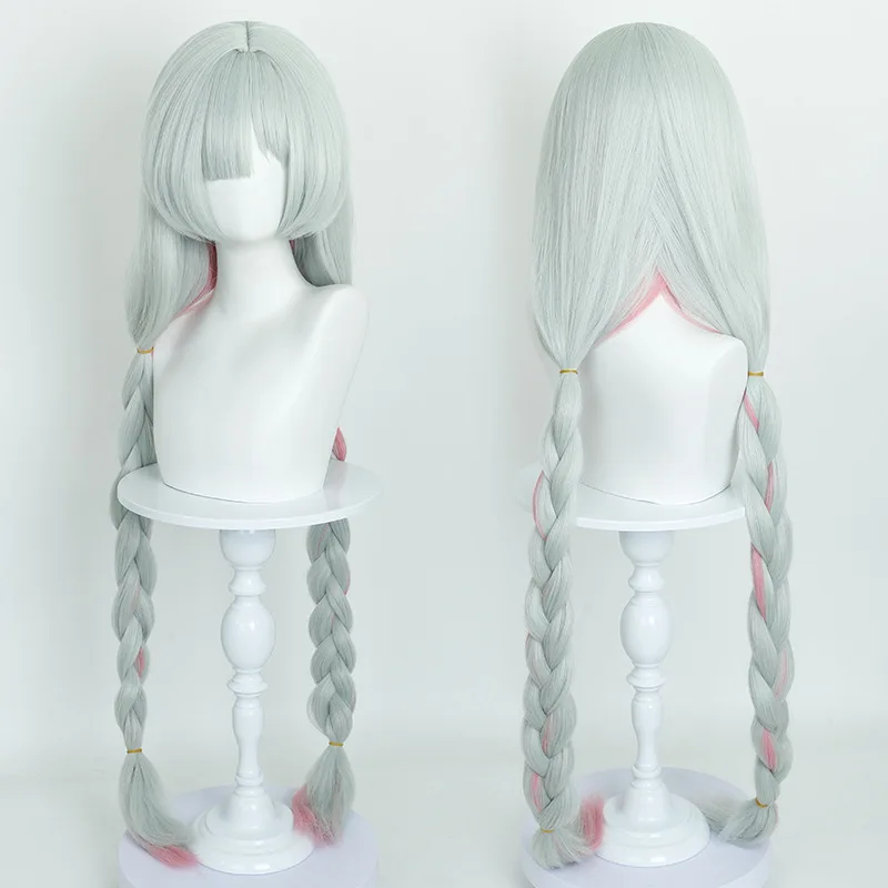 Ming Chao Frolor Cosplay Pruik Poedergroen Gemarkeerd Pluizig Dubbel Gevlochten Lang Haar Anime Pruik