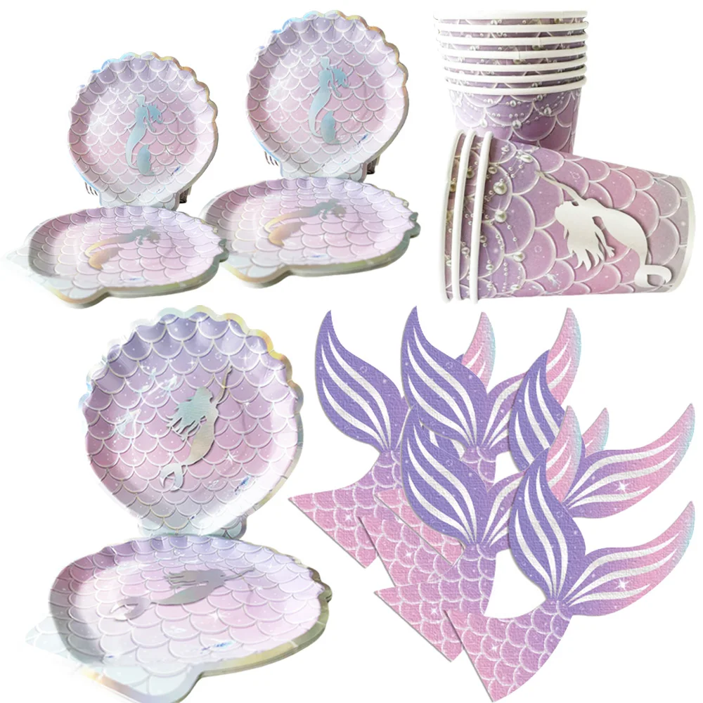 

Mermaid Birthday Party Supplies Tableware Set Plates Cups Napkins and Cutlery Sets for Mermaid Themes Party Kids