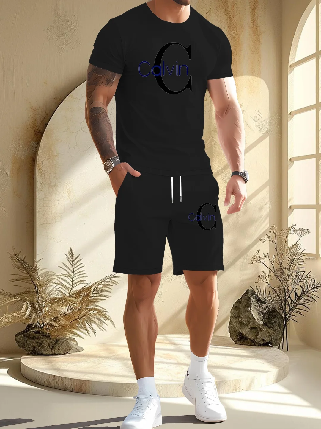 

Summer Men's Casual Sporty T-Shirt Calvin Print Comfortable Round Neck Short Sleeve Top with Shorts Set