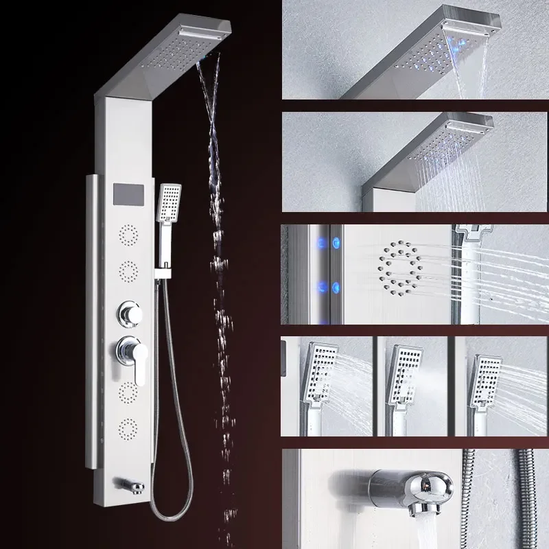 Brushed /ORB Shower Column Faucet Double Led Light Bathroom Bath Shower System SPA Massage Sprayer Temperature Screen Show