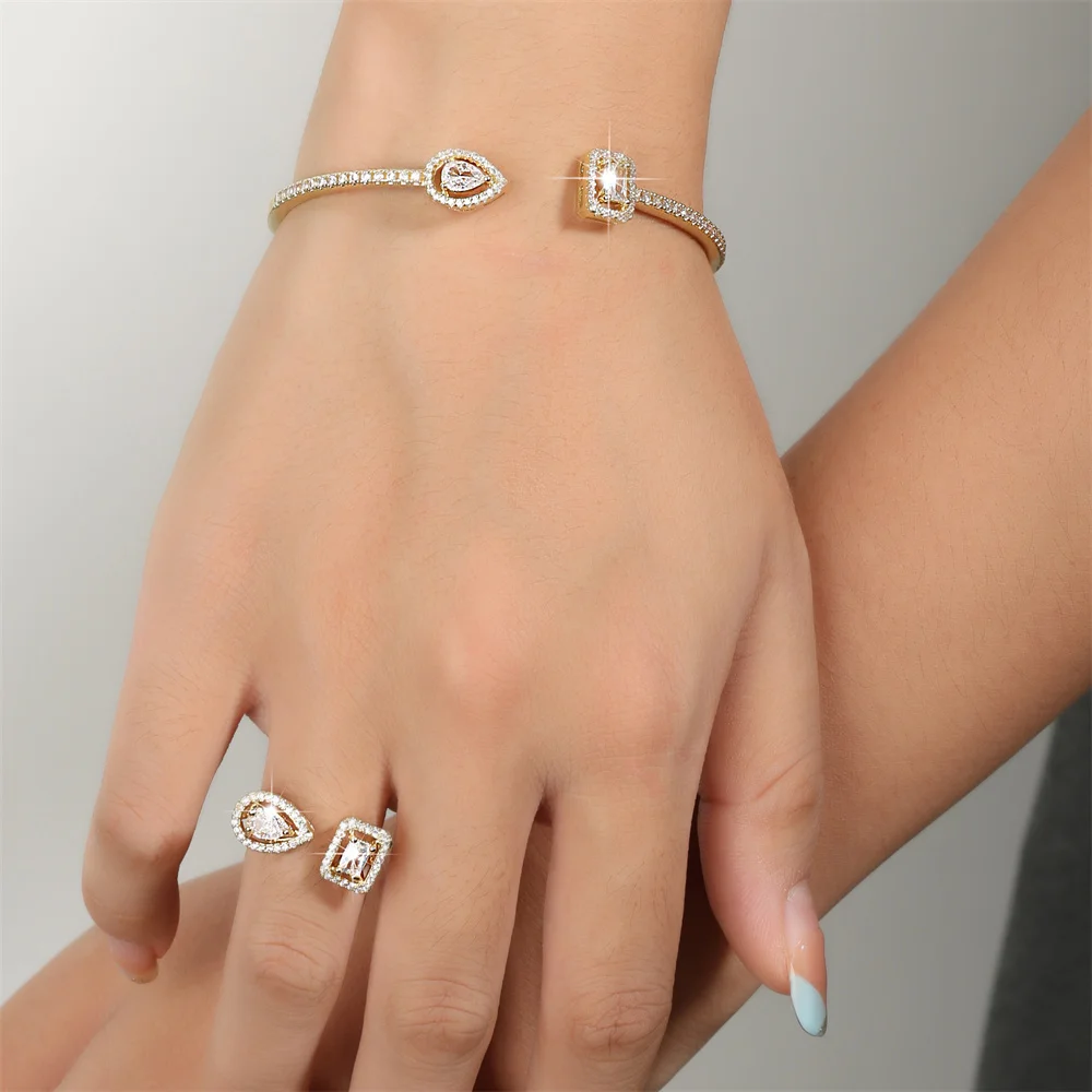 ZAKOL 2-teiliges Set Luxuriöses Geometrisches Quadratisches Wassertropfen-Armreif- und Ring-Set für Damen mit AAA-Zirkonia Hochzeitsschmuck – Detail 8