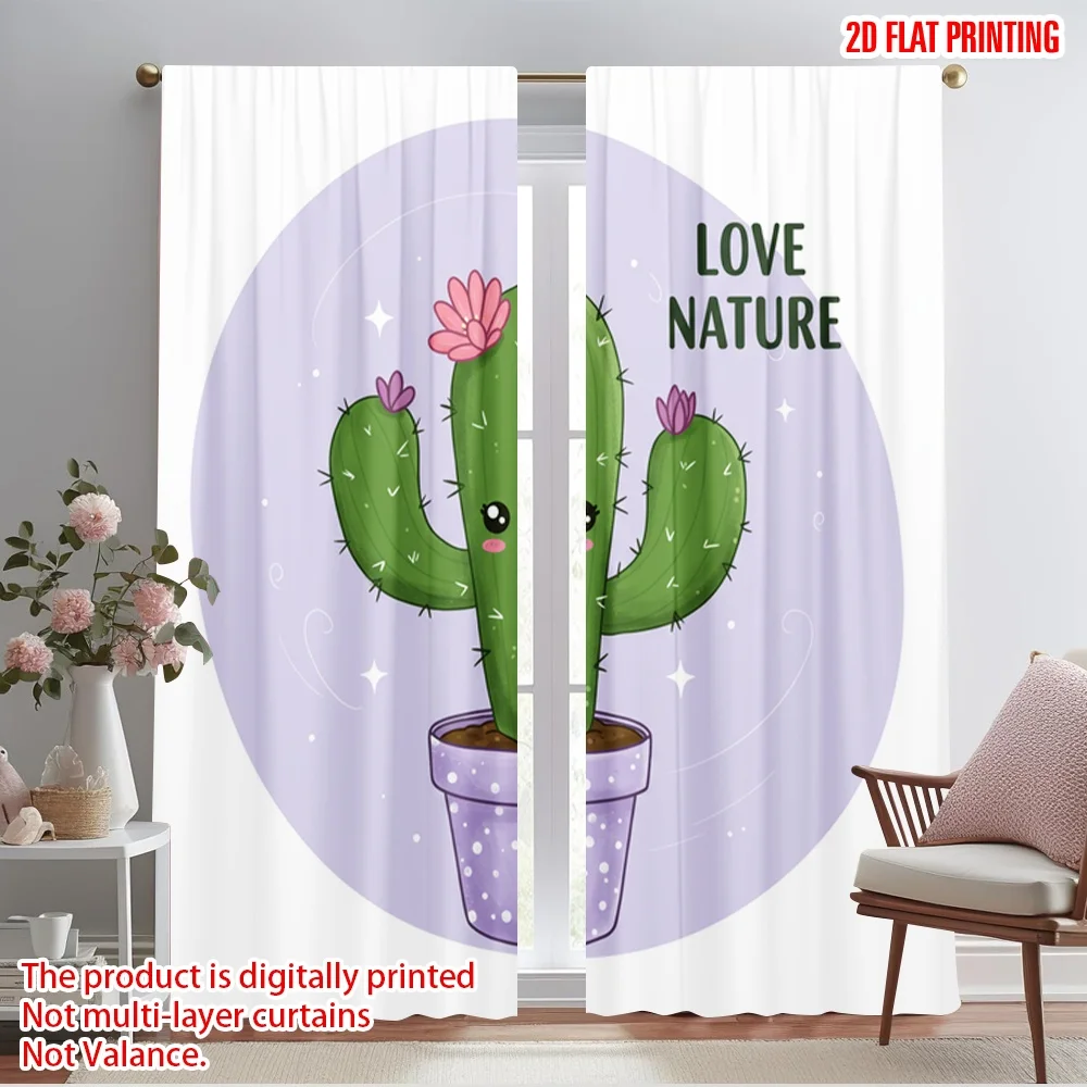 

2pcs 2D flat printing Party Curtain Cactus Love Nature Plant 100% Polyester Without Electricity Birthday Party Perfect for
