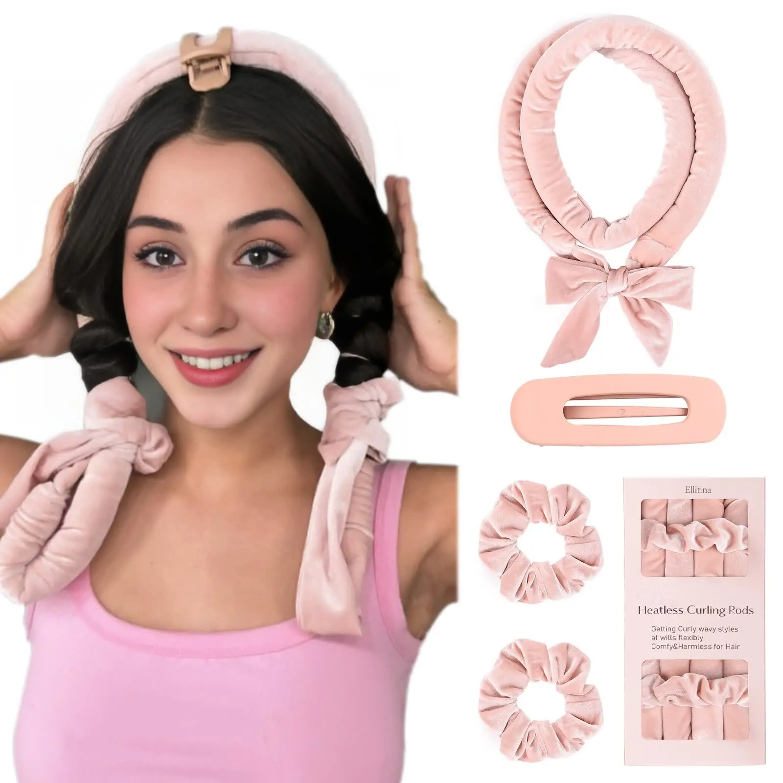 

Ellitina, 4 шт., велюровая повязка на голову для завивки ночью без нагрева - супер мягкие бигуди для сна для завитков сильной фиксации