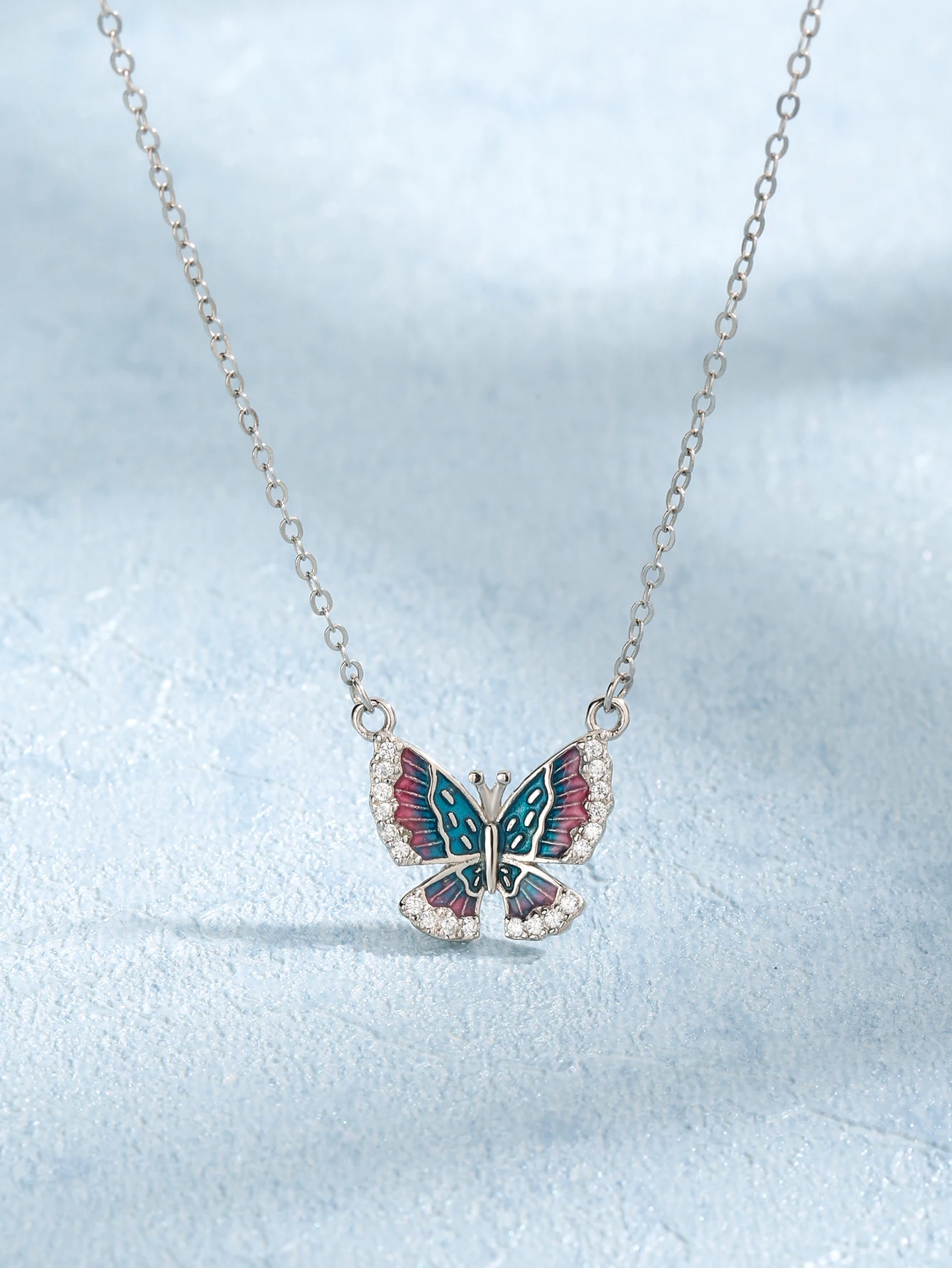 S925 Silver Colorful Gradient Color Dropped Butterfly Inlaid Zircon Exquisite Necklace