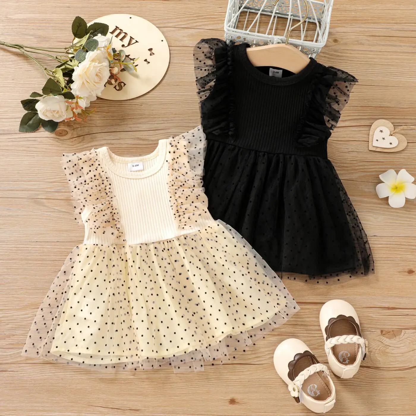 Summer New Baby Girl Mesh Stitching Polka Dot Round Neck Princess Temperament Dress