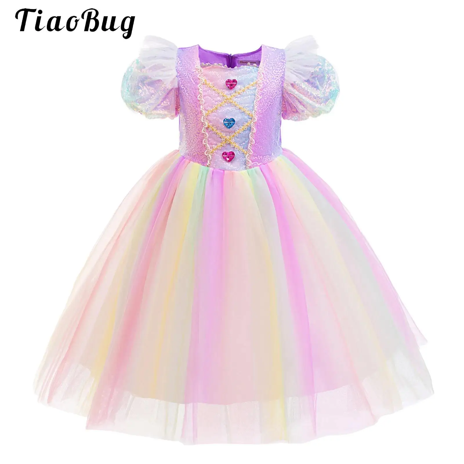 

Kids Girls Colorful Princess Dress Halloween Fairy Costume Puffy Sleeve Sequin Rhinestone Rainbow Mesh Tutu Dress Birthday Party