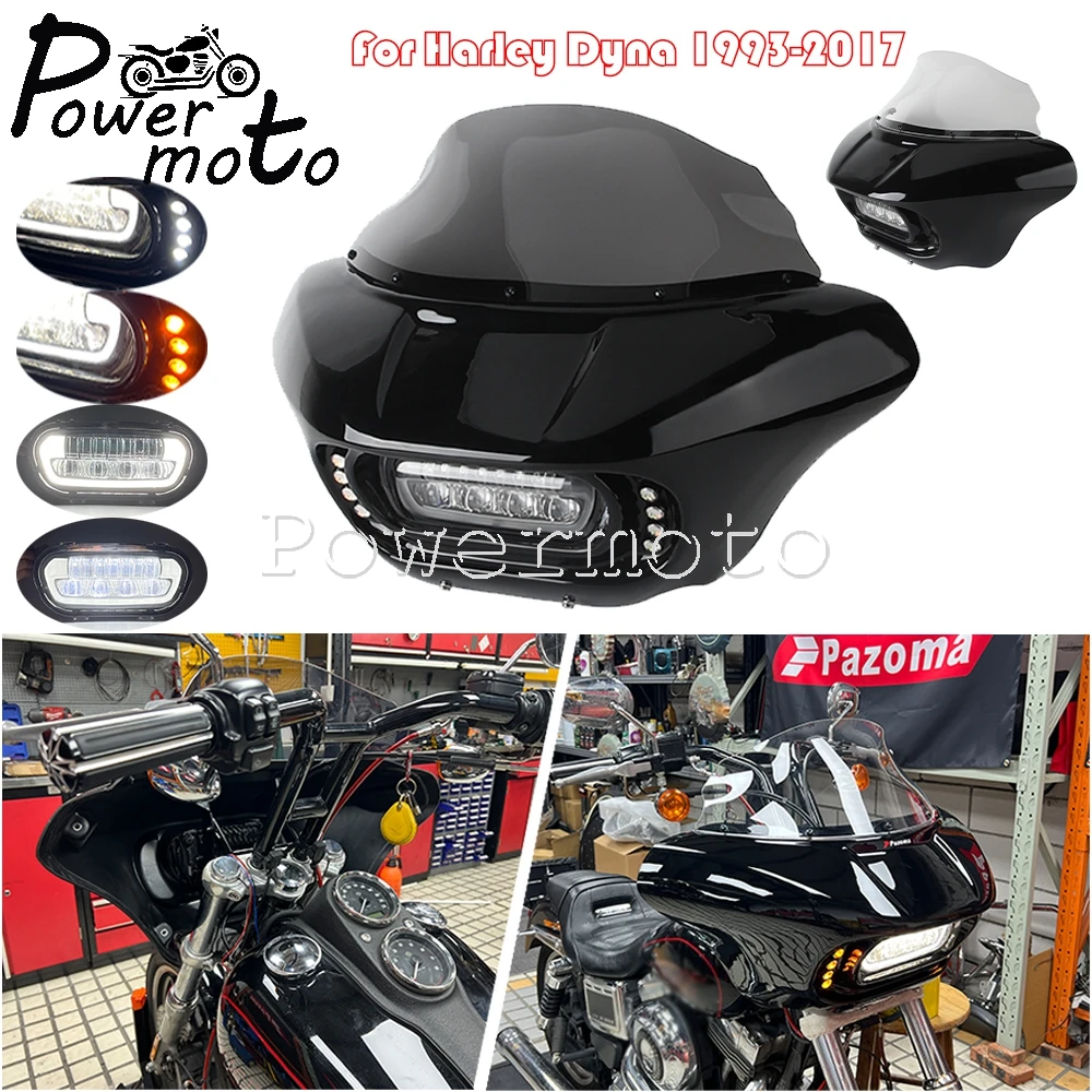 

Фара в стиле Club Style с маской-обтекателем Shark и светодиодными ДХО и поворотниками для Harley Dyna Super Glide Street Bob Low Rider 93