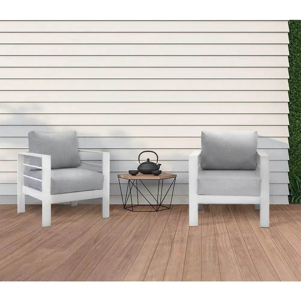 Patio Furniture Metal Armchair,2 PCS All-Weather Aluminum Garden Outdoor Contemporary Sofa Chair(White)with Cushions(Light Grey)