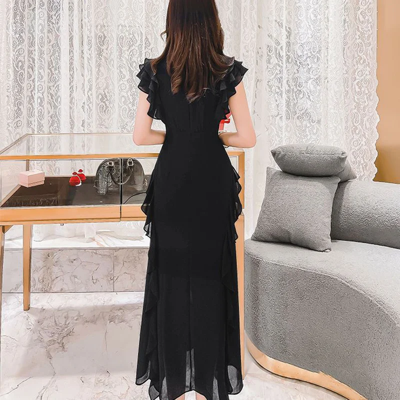 Summer Elegant Fashion Solid Color Ruffles Bodycon Dress Women Short Sleeve Temperament Evening Party Robe Ladies Waist Vestidos