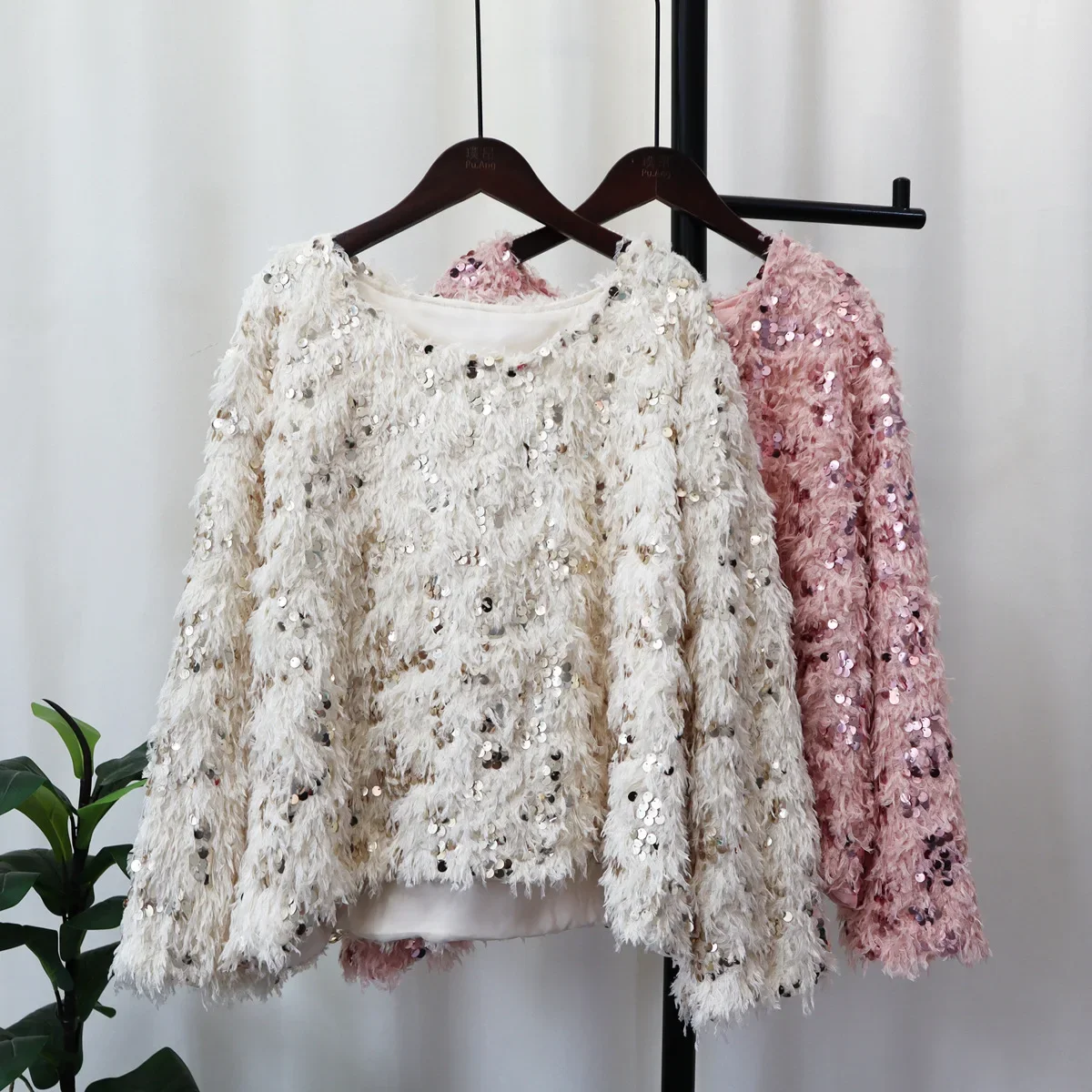 

Pink Fur Long Sleeve Fluffy Top Autumn Winter Sequin 2025 Loose Knitted Sweaters Women Spring Tops Elegant Jumpers Knit Pullover