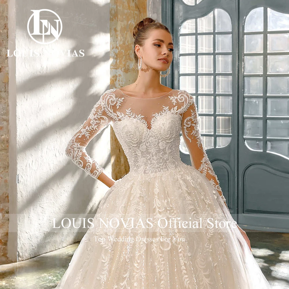 LOUIS NOVIAS Luxury Ball Gown Wedding Dress For Women 2023 Long Sleeve Glitter Beading Appliques Wedding Gown Vestidos De Novia