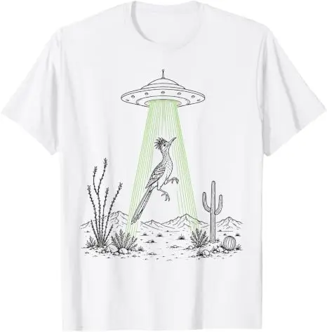 Roadrunner und UFO-Alien-Entführung Wüstenwissenschaft Humor T-Shirt Y2k Lustiges Südwest-Wüsten-Vogel-Kunst-Grafik-Kleidungsstück Neuartiges T-Shirt – Detail 13