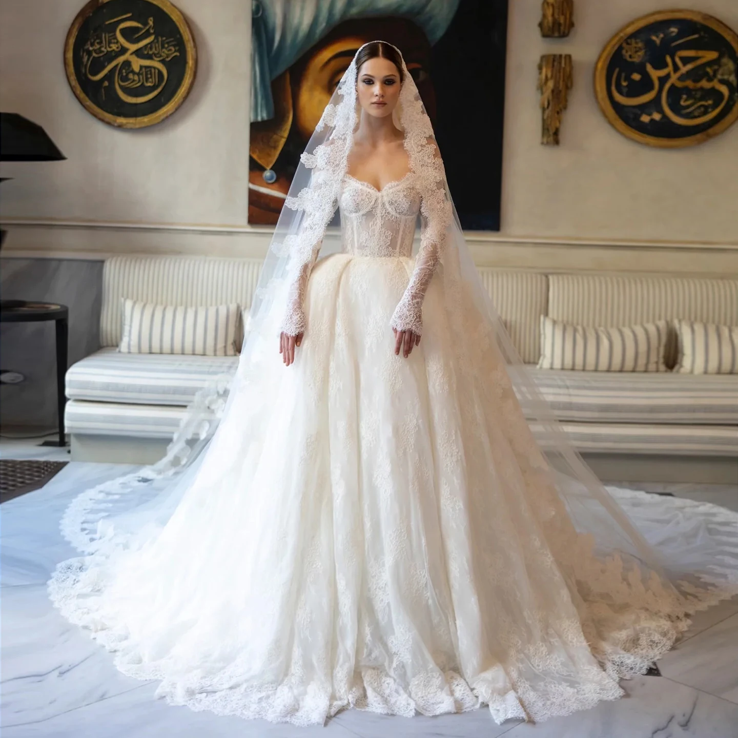 

Sharon Said High-End Custom Made Elegant Off the Shoulder Lace Wedding Dresses with Long Sleeves Bridal Gowns SW008 Customized