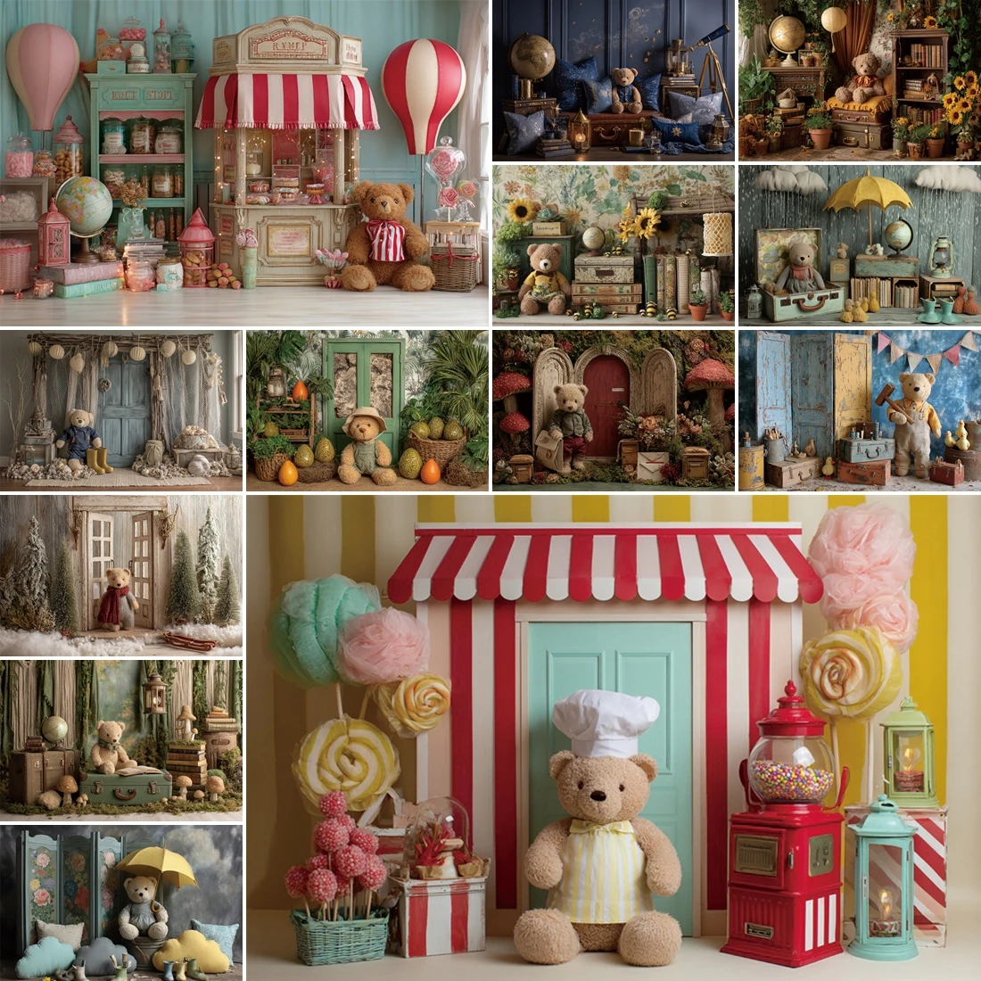 

MOON.QG Teddy Bear Wooden Door Backdrops for Photography Flower Light Candy Shop Background Birthday Party Supplies Photo Studio