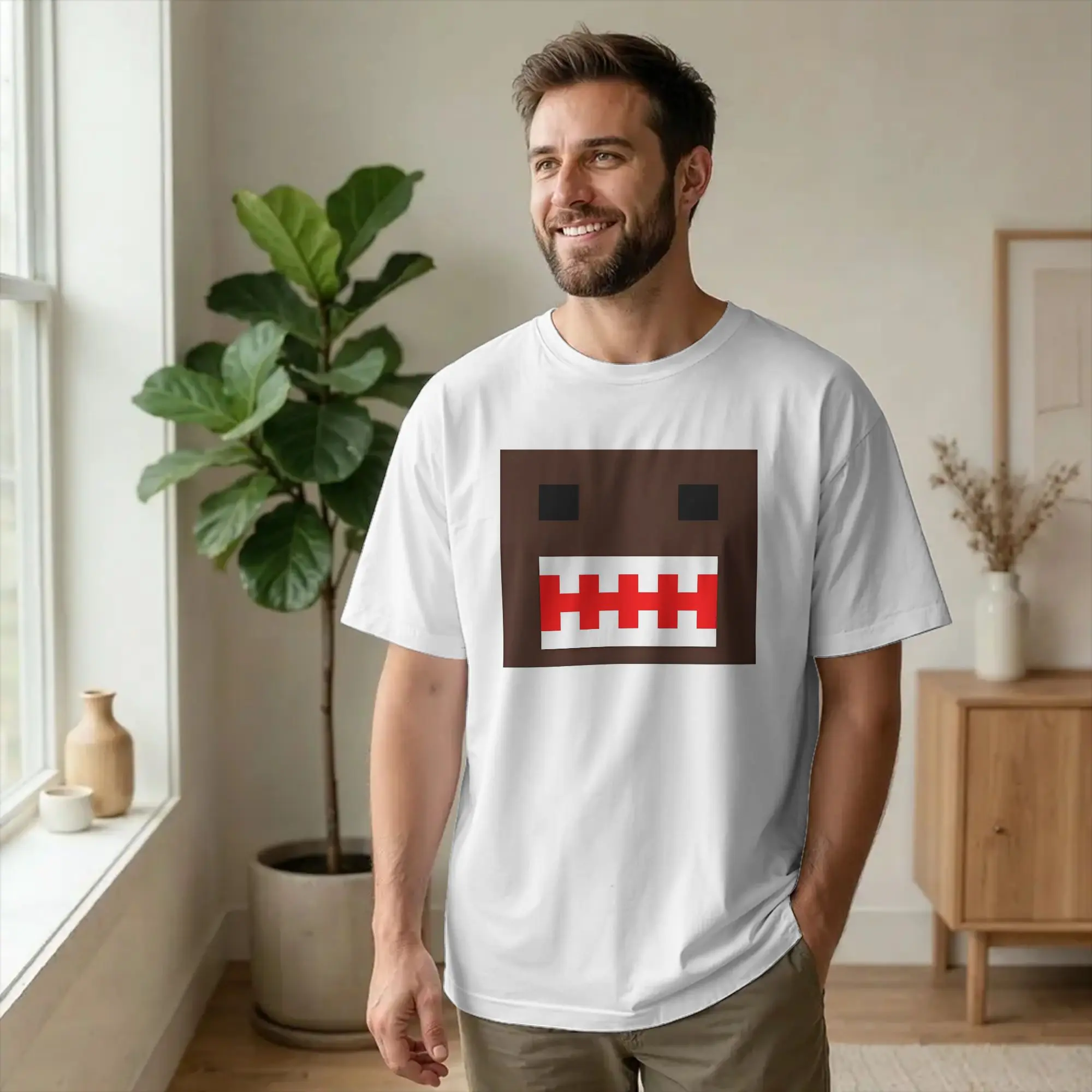 Men's PIXEL Domo Kun Doll Face T Shirt Cute Funny Cotton merch Leisure Short Sleeve Crew Neck Tees 4XL 5XL T-Shirt