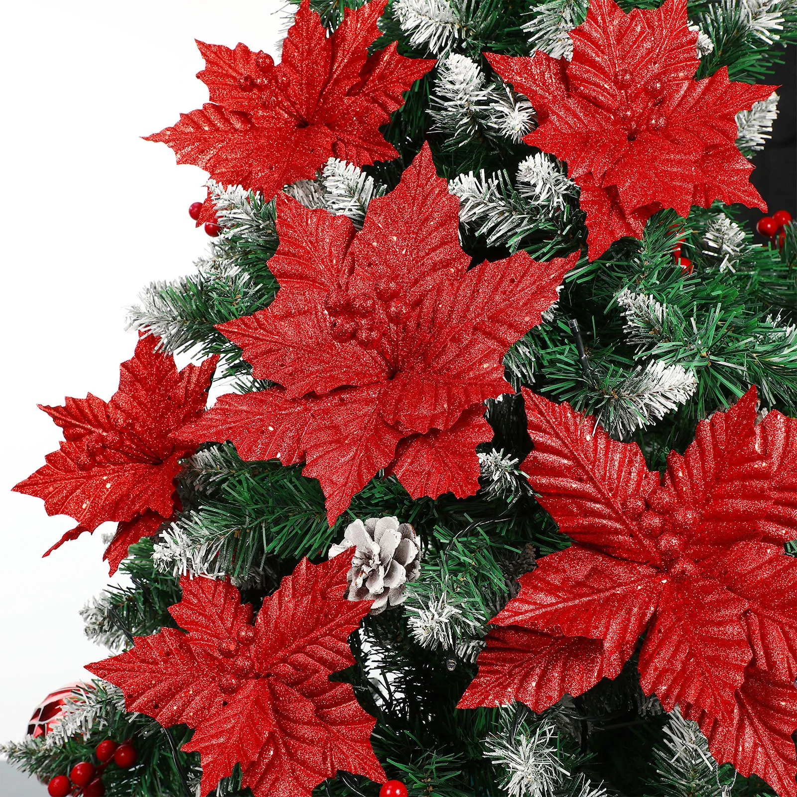 

12pcs 12 Red Flowers 18cm 20cm 25cm Artificial Christmas Flowers Artificial Glitter Xmas Tree naments Festive Gifts