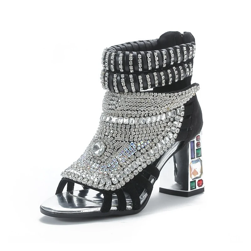 

Black Rhinestone Zipper Open Round Toe Thick Heel Sandal Woman Summer 2024 Gem Shaped Heel Ankle Shaft Fashion Shoes for Women