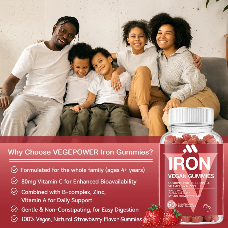 Iron gummies for women and children containing iron, blood oxygen, vitamins, and vitamin C, vegetarian (60 pills, strawberries)