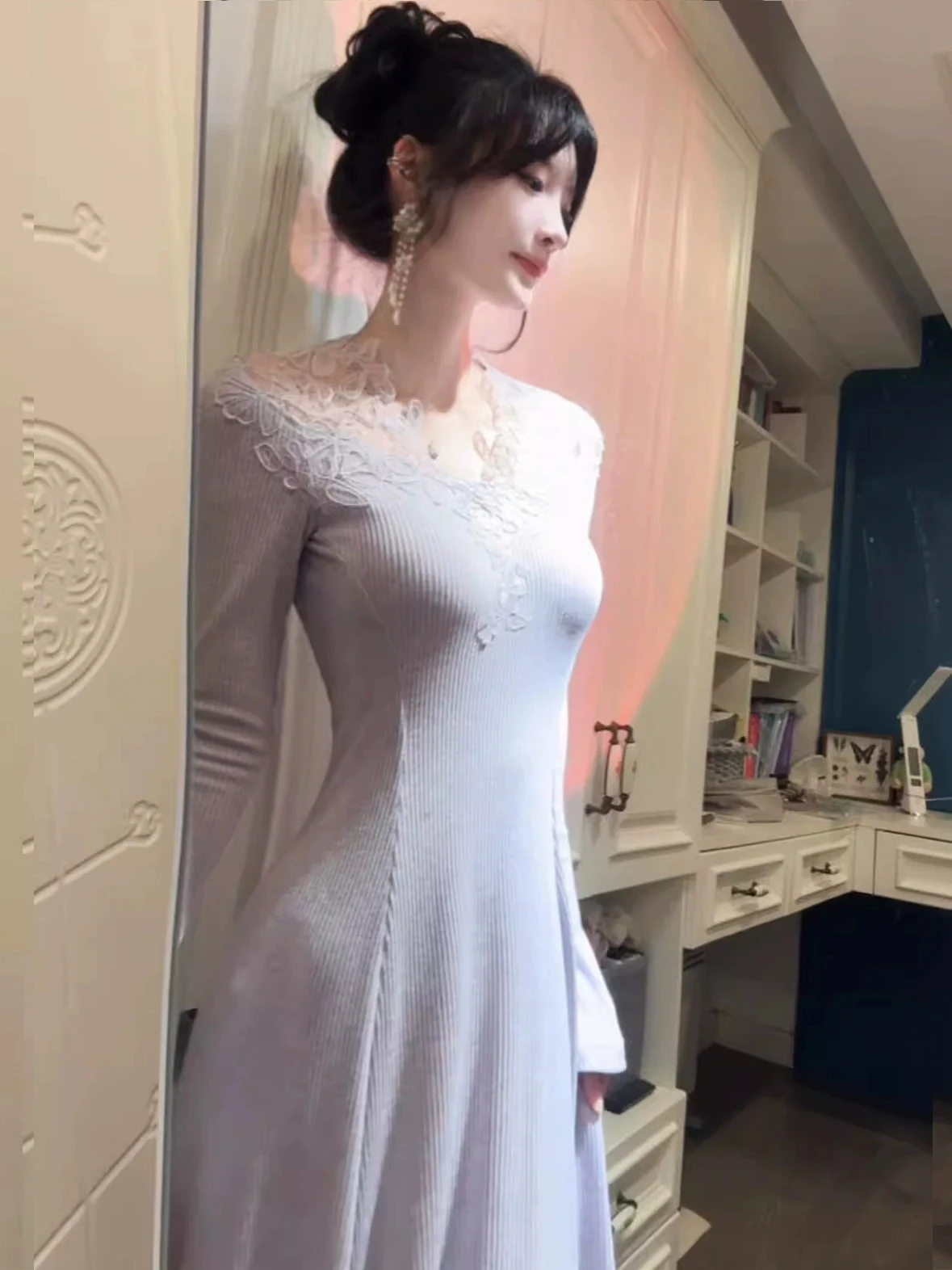 

Женское платье больших размеров с длинным рукавом, V-образным вырезом, вязаное, кружевное, приталенное, с завышенной талией, А-силуэт, из полиэфирного волокна, зимнее