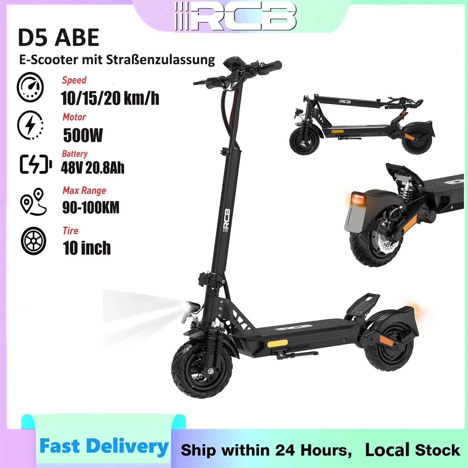 Rcb D5 Abe Elektroroller mit Deutscher Abe-Zertifizierung 500W 48V20.8Ah/27Ah 90-140Km 20Km/H 3 Geschwindigkeiten 10 Zoll Faltbarer Erwachsenen-E-Scooter