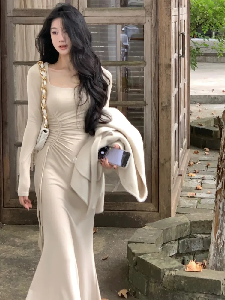 

Elegant Midi Dress Women Long Sleeve Square Collar Bodycon Mermaid Autumn Winter Evening Party Slim Vintage Solid Vestidos New