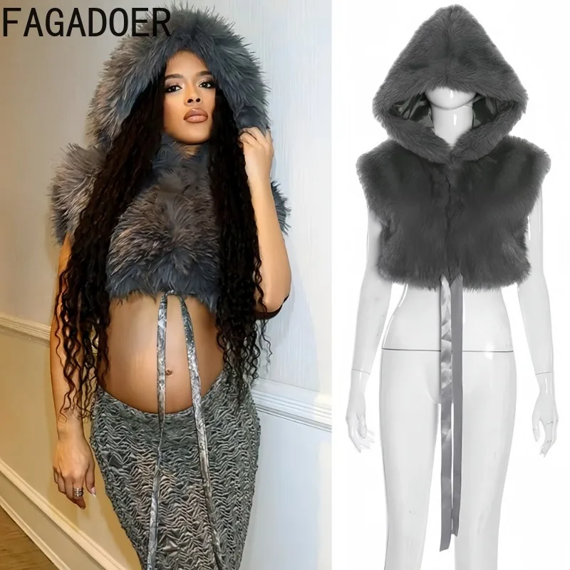 

FAGADOER модная меховая лоскутная футболка, однотонный жилет с длинными рукавами и капюшоном, топы, женская уличная одежда, новинка осени 2023 г.
