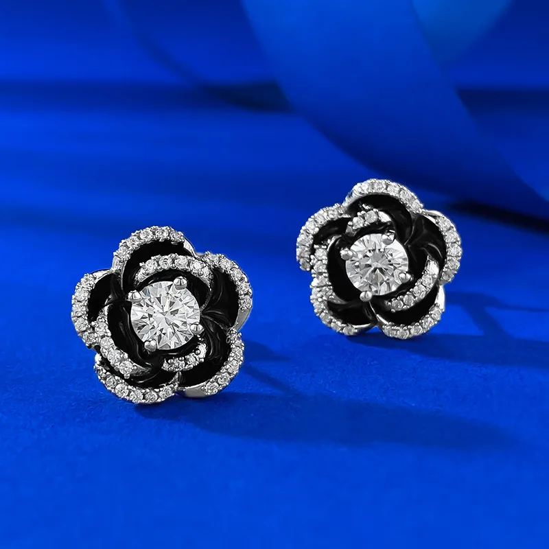 Live Broadcast of The New S925 Silver Mountain Camellia Earrings 5.0mm Round White Diamond Flower Bud Ear Jewelry, Niche