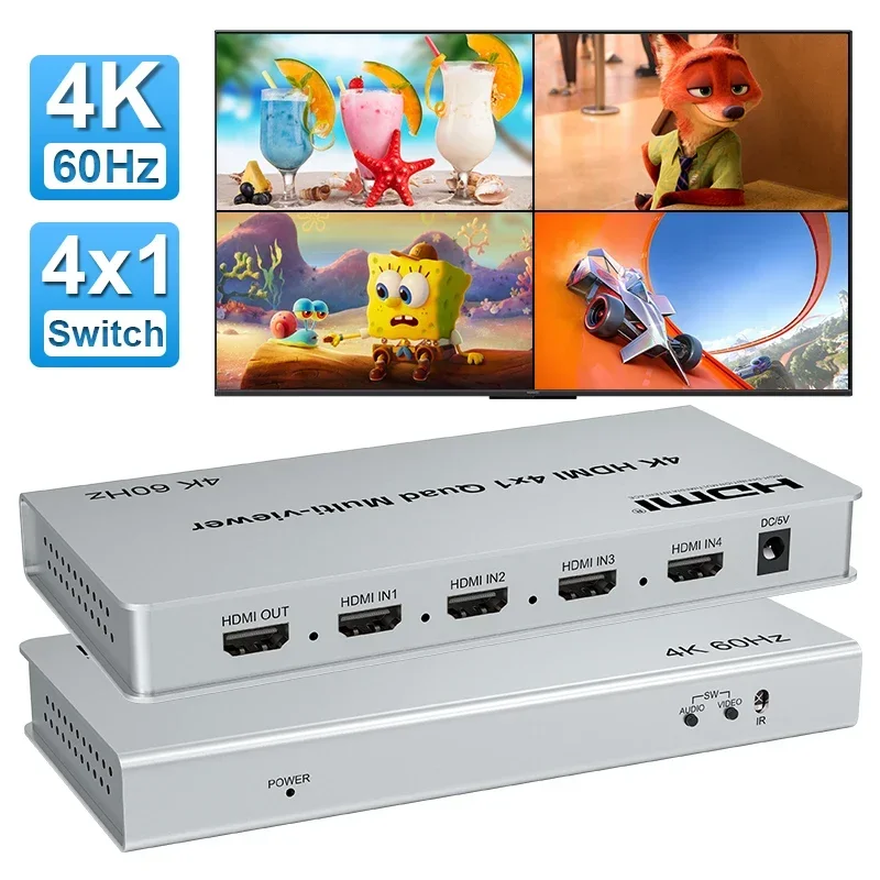

4K 60Hz HDMI Multiviewer 4x1 Seamless Switch Quad Screen 90° 180° 270° Flip PIP 8 Display Modes for PS4 PC Camera TV