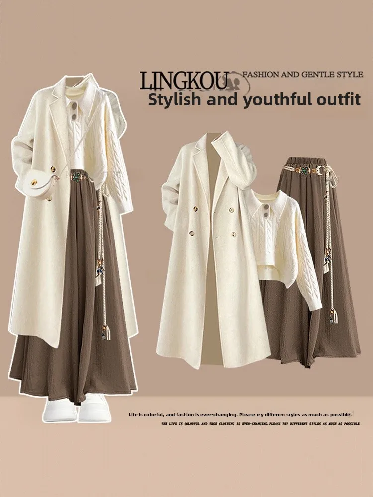 

Korean Sle Women's Autumn Winter Knitted Sweater Set Casual Skirt Pants Tee Piece Set plus Size Long Sve Slimming Oute...