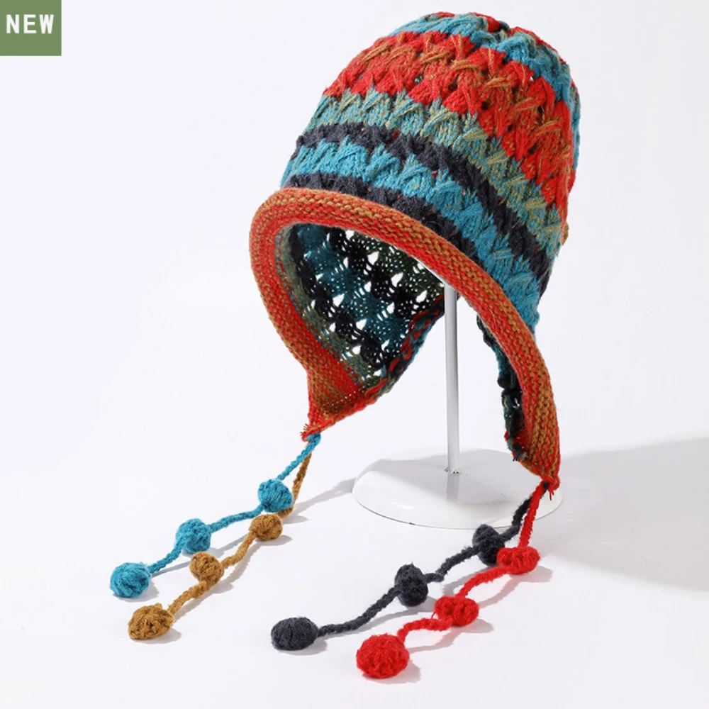 HT4249 Fashion Knitted Hat Women Autumn Winter Skullies Beanies Ladies Colorful Earflap Cap Female Handmade Tassels Beanie Hat