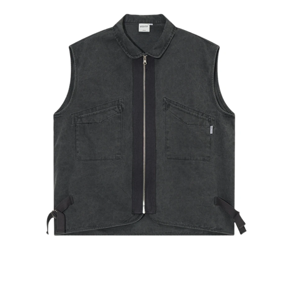 

Vintage Zipper Denim Vest Jackets Men Streetwear Sleeveless Cargo Coats Harajuku Loose Casual Letter Print Jeans Vests Male