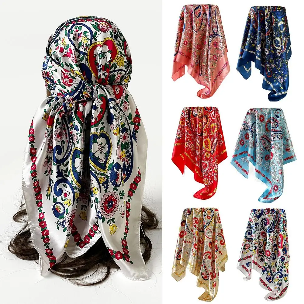 

Fashion 90*90cm Satin Square Scarf Imitation Silk Luxury Shawl Wrap Cashew Printed Hair Band Head Covering