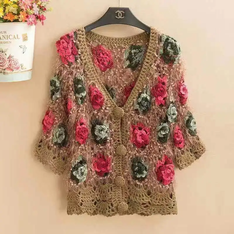 Three-Dimensional Flower Openwork Crocheted Sweater Cardigan Women\'s Spring And Autumn New Heavy Industry Joker Sweater 3XL Coat