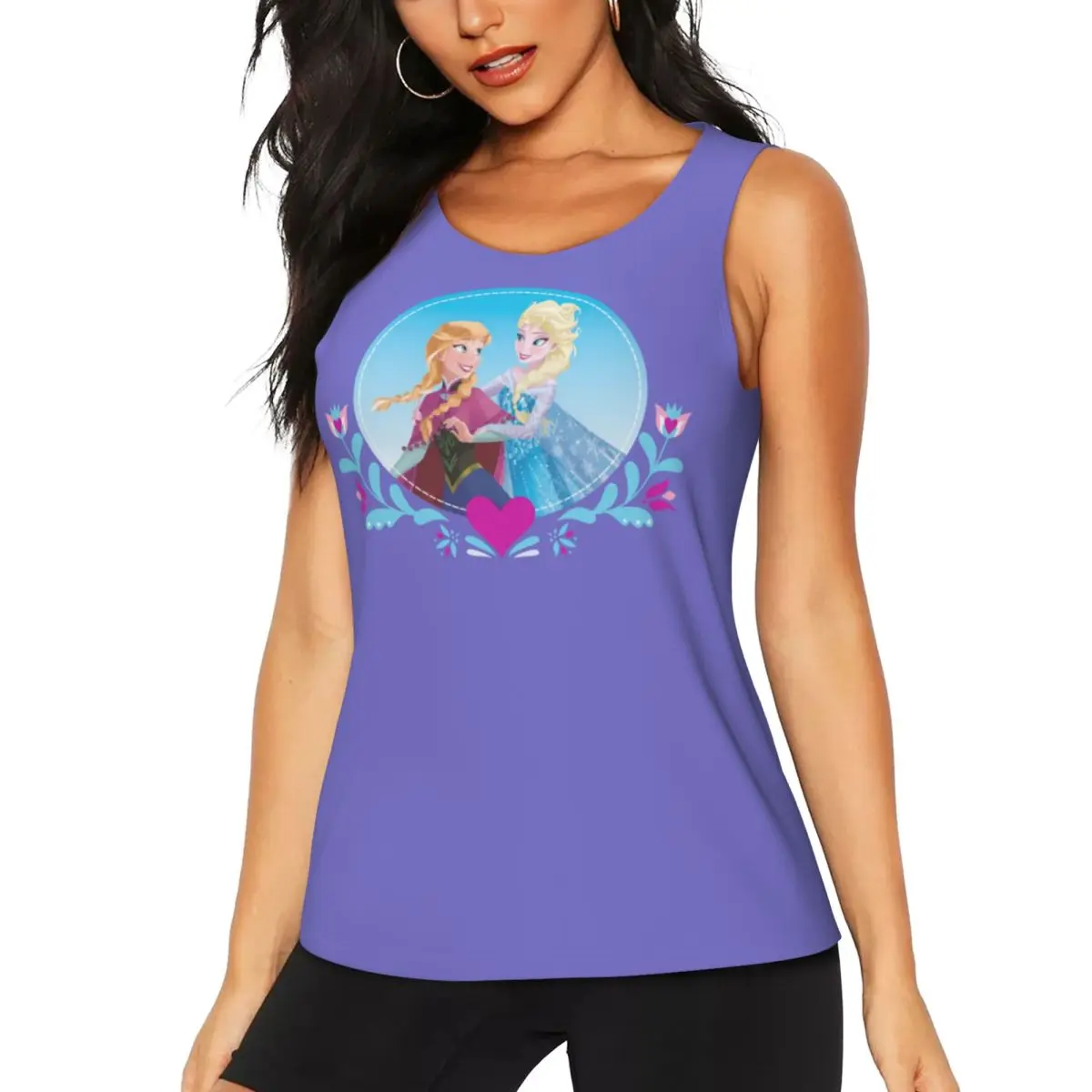 Custom Frozen Anna And Elsa Embracing Workout Tank Tops Women's Quick Dry Sleeveless Yoga Shirts