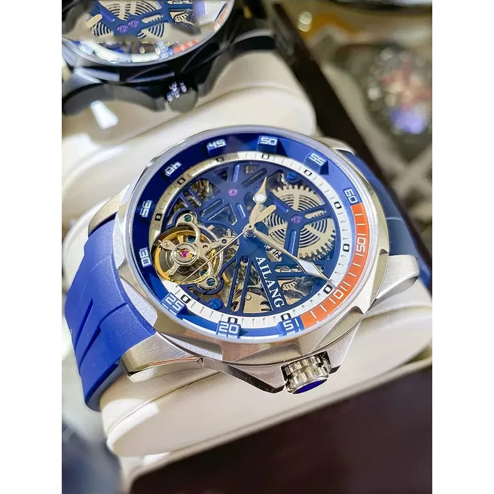 

AILANG Brand New Fashion Blue Mechanical Watch for Men Sports Rubber Strap Waterproof Skeleton Luxury Tourbillon Watches Mens